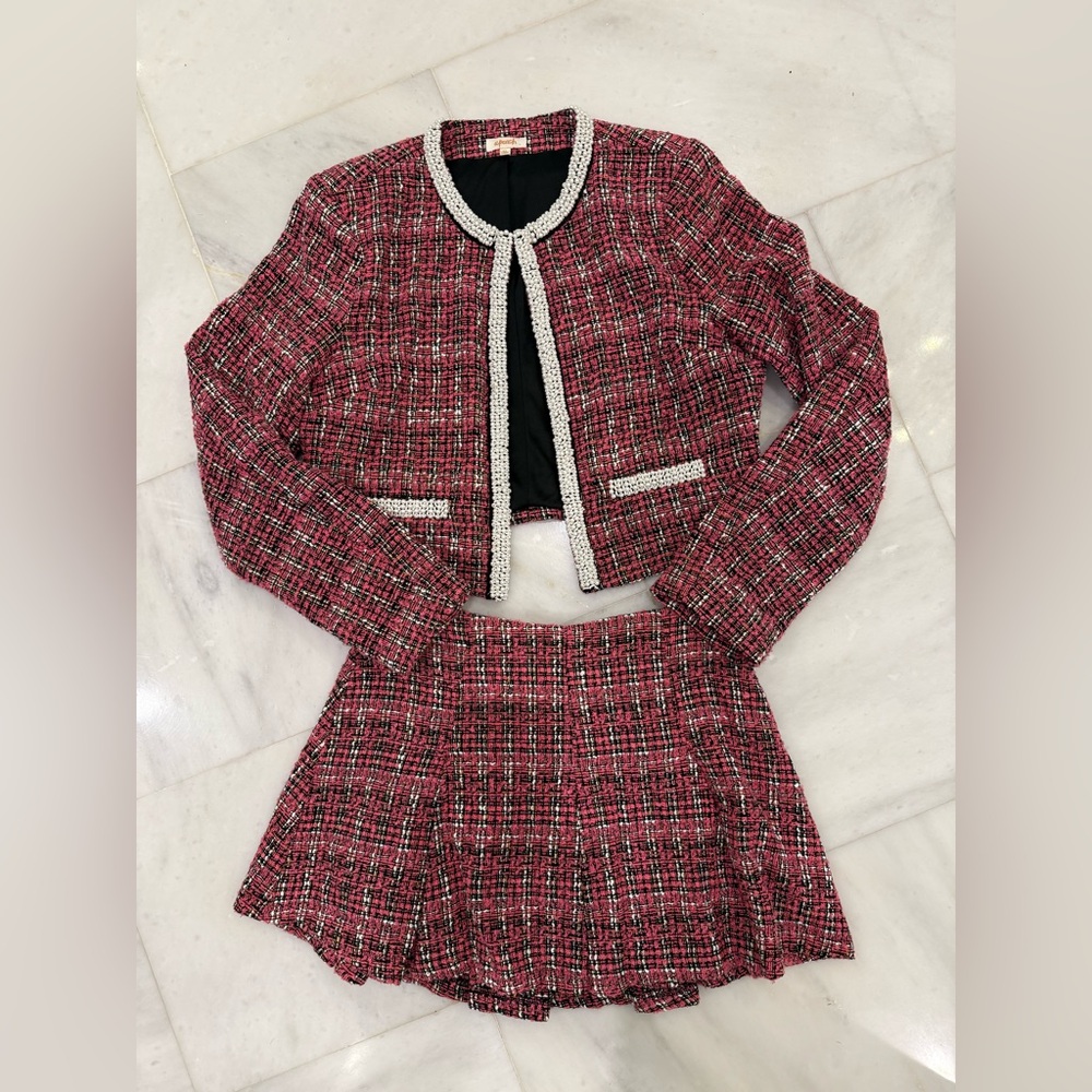 Homecoming suit. Pink and black Tweed Blazer and Skirt Set